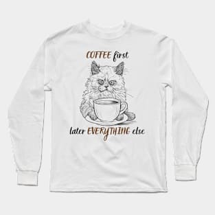 Caffeine & Cuddles - Cozy Cat with Coffee Cup Design Long Sleeve T-Shirt